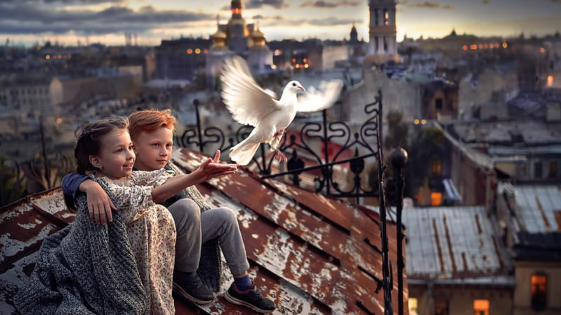 Cute Little Girl And Boy Are Sitting On Top Of Roof Letting Fly Pigeon Cute, HD wallpaper