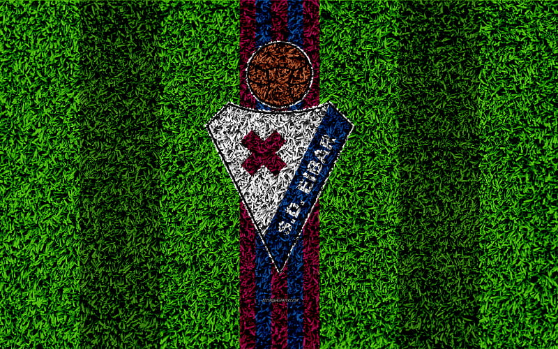 SD Eibar logo, football lawn, Spanish football club, blue violet lines, grass texture, Eibar emblem, La Liga, Eibar, Spain, football, HD wallpaper
