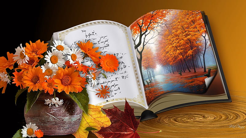 Book of Nature, fall, autumn, Gerbera, book, vase, trees, leaves, gold, bouquet, flowers, daisy, HD wallpaper
