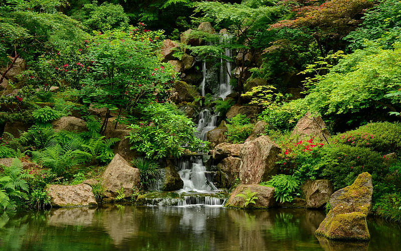 Japanese garden, forest, rocks, japanese, greenery, bonito, spring, park, stones, cascades, wildflowers, waterfall, garden, HD wallpaper