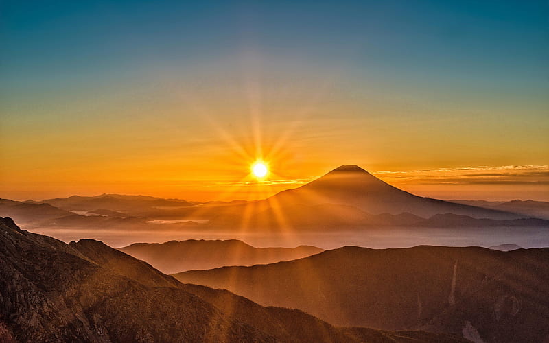 Fujiyama, Mount Fuji, bright sun, sunset, japanese landmarks, Asia, stratovolcano, japan, HD wallpaper