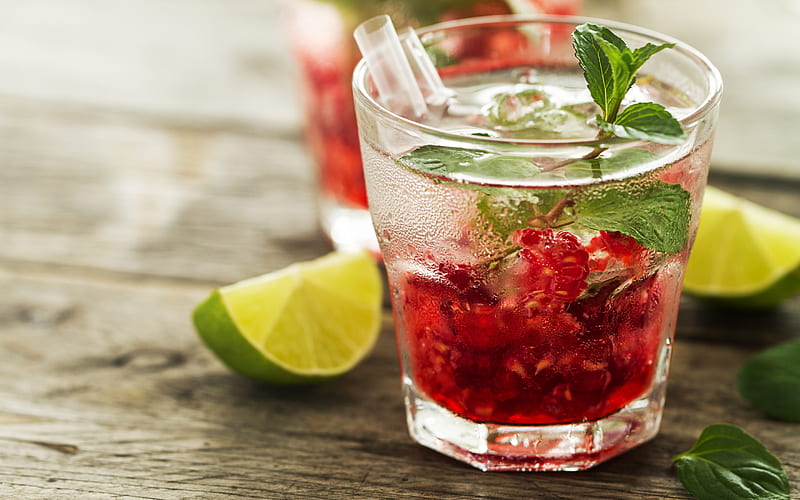 mint and raspberry cocktail, Raspberry Mint Lime Mojitos, lime, glass cup, raspberry, HD wallpaper