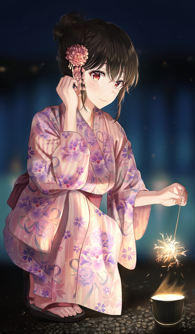 pretty anime girl, yukata, festival, sparkle, Anime, HD phone wallpaper