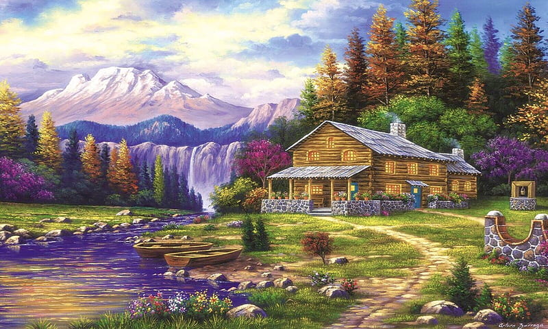 Deluxe Log Cabin in Autumn, painting, waterfall, Nature, stream, Fall Autumn, house, Forest, solace, Mountains, Log cabin, peaceful, HD wallpaper