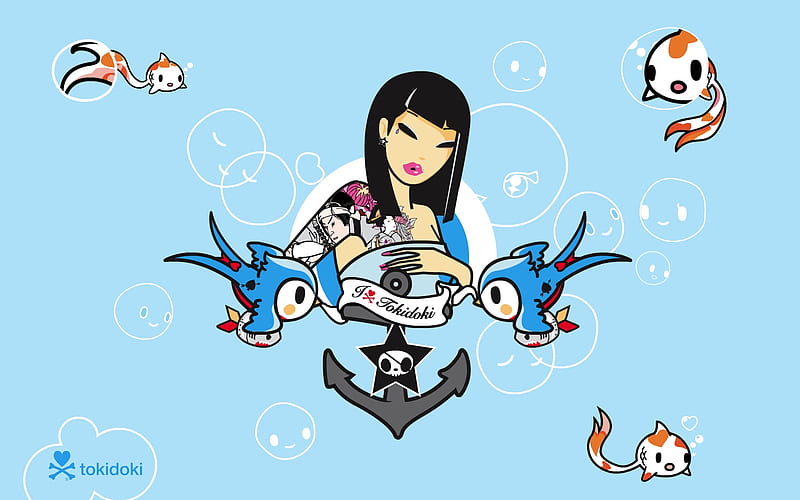 Tokidoki Doll, pretty, anchor, fishes, fish, birds, tokidoki, doll, cartoon, cute, nice, young, girl, bird, lightblue, blue, HD wallpaper