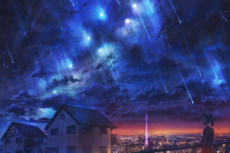 Anime, City, Starry Sky, Tower, Original, Shooting Star, HD wallpaper
