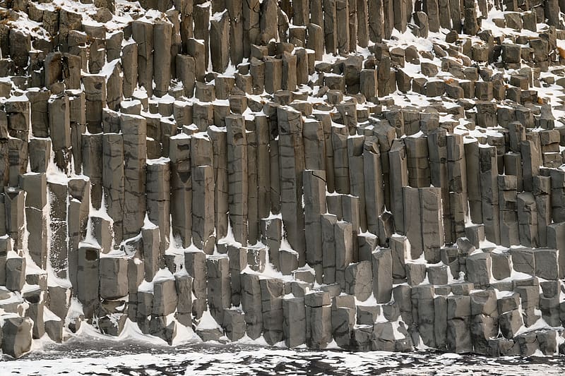basalt columns, columns, stone, snow, HD wallpaper