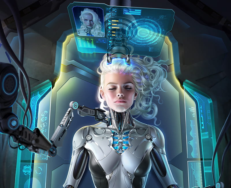 Female robot, fantasy, frumusete, luminos, girl, cyborg, white, shaohang wang, blue, HD wallpaper