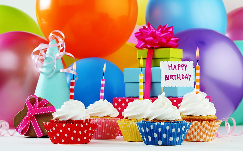 Birtay Cupcakes, Candles, inflatable balls, happy birtay, cakes, HD wallpaper