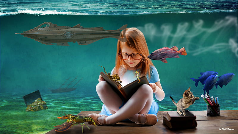 The Adventure Begins by Reading, childrens, setting girl legs crossed, submarine, books, fish, red haired girl, Read, adventure in reading, girlreading, lobster, girl, reading girl with glasses, kittenplaying, HD wallpaper