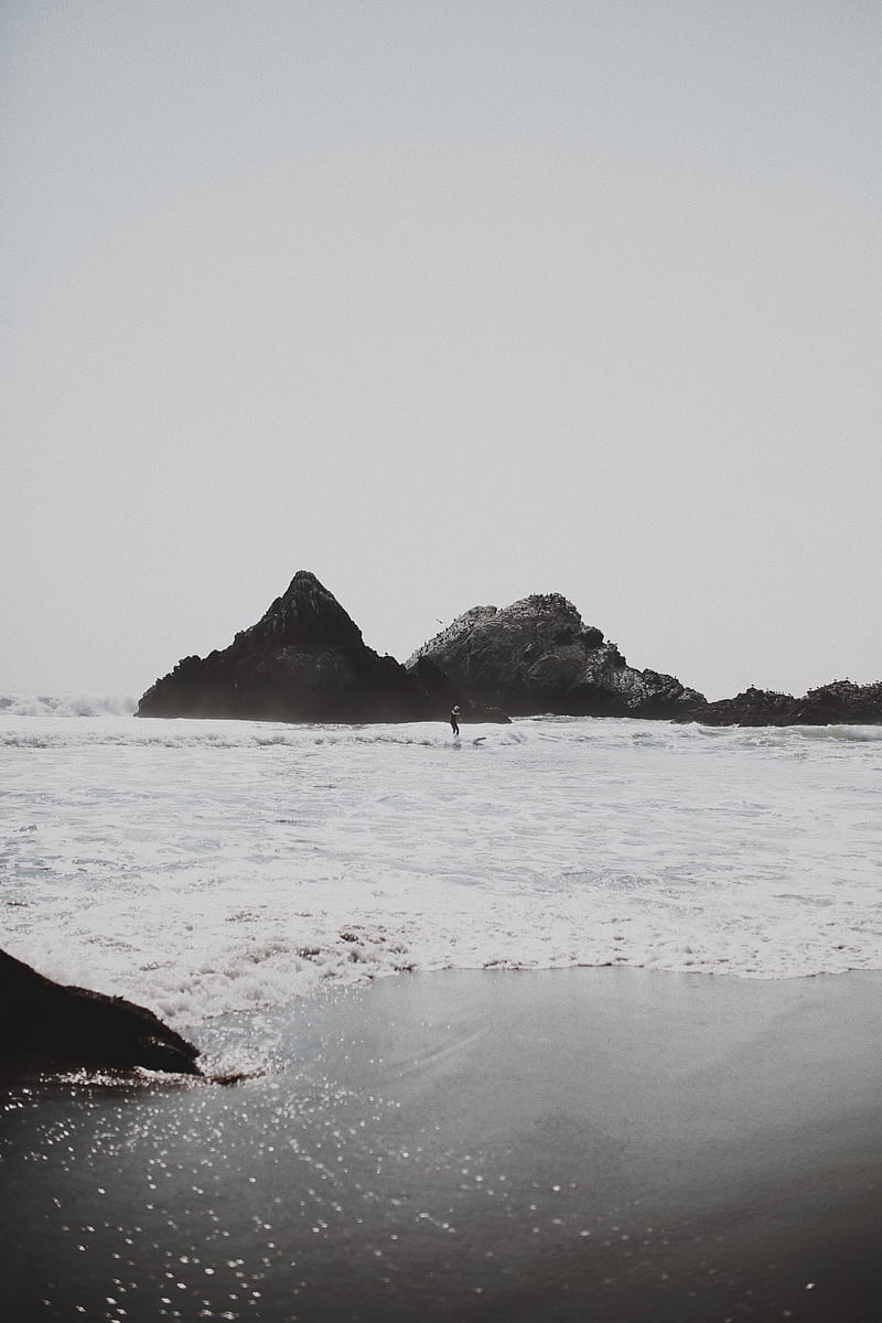 sea, waves, surfer, rocks, beach, HD phone wallpaper