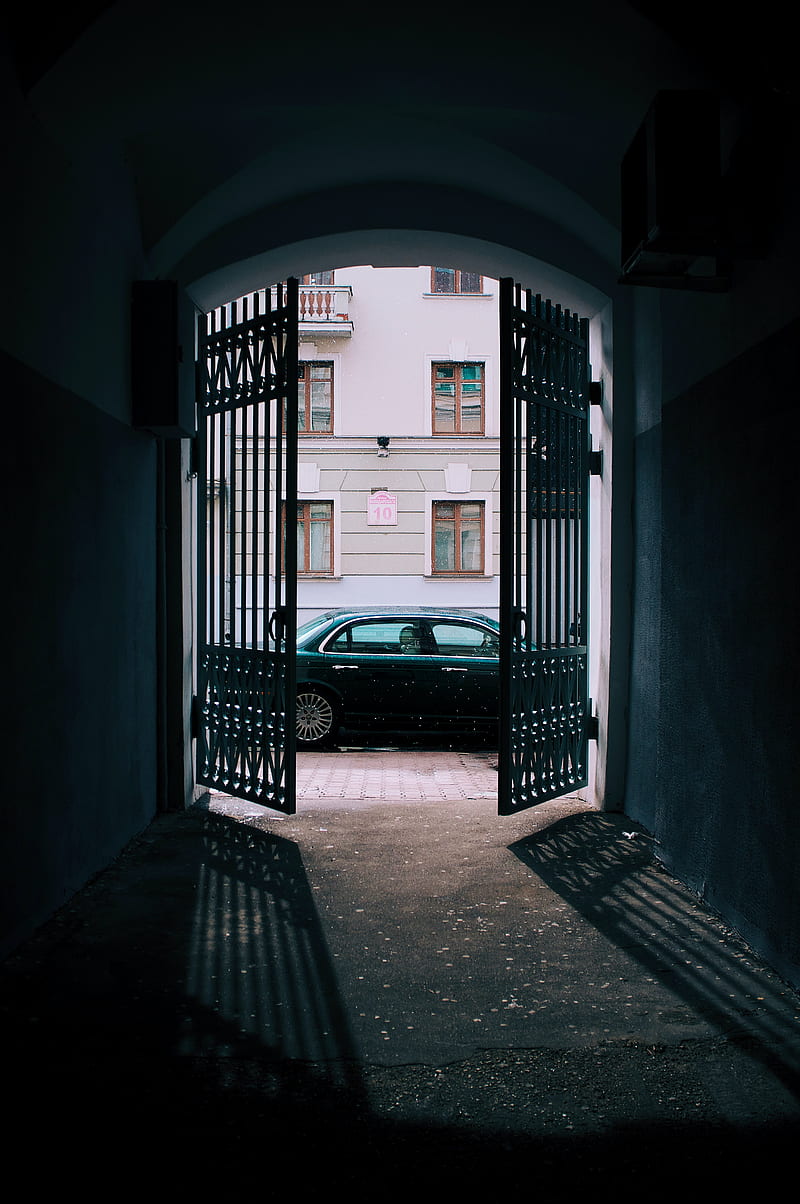 car, black, gate, building, street, HD phone wallpaper