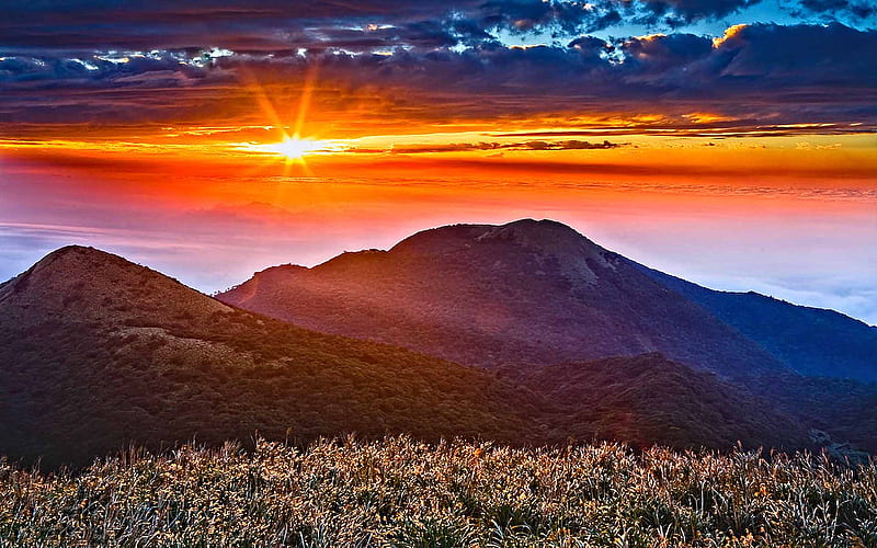 Beginning of life, mountain, colorful, grass, sunset, sky, ray, HD wallpaper