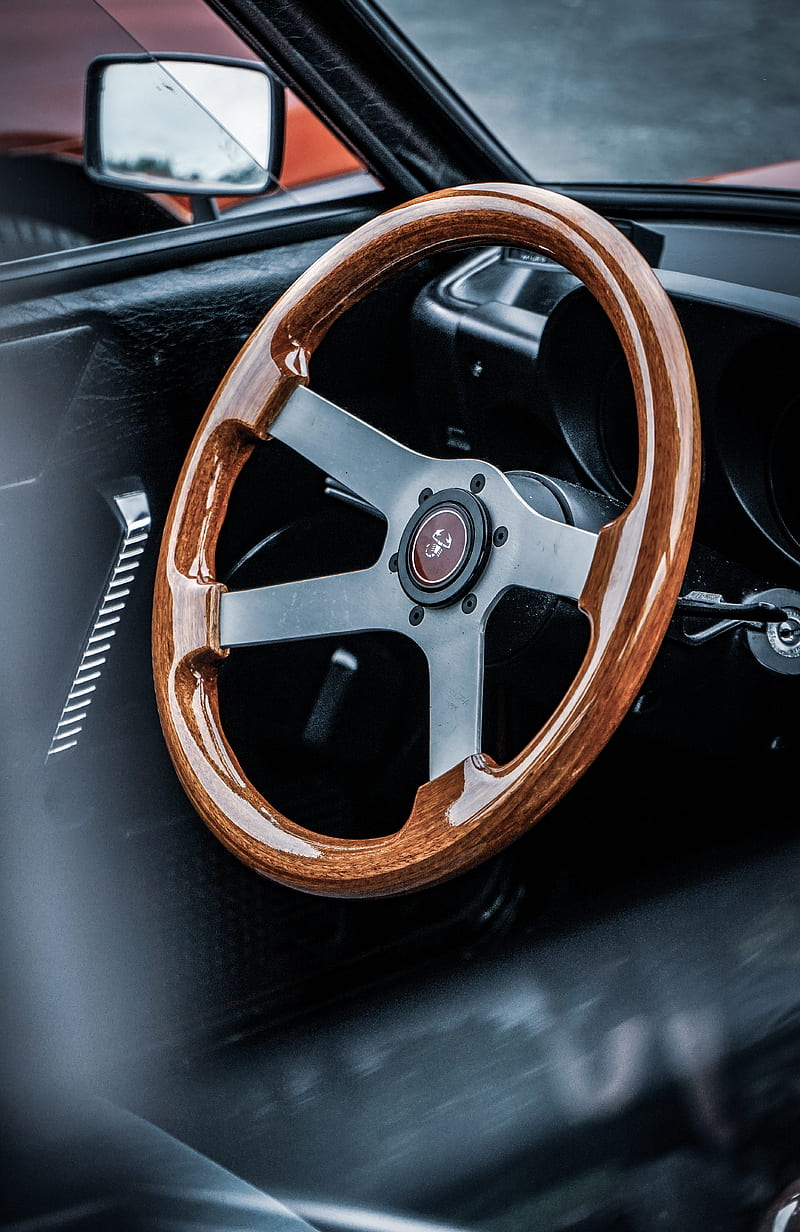 steering wheel, wooden, car, salon, HD phone wallpaper