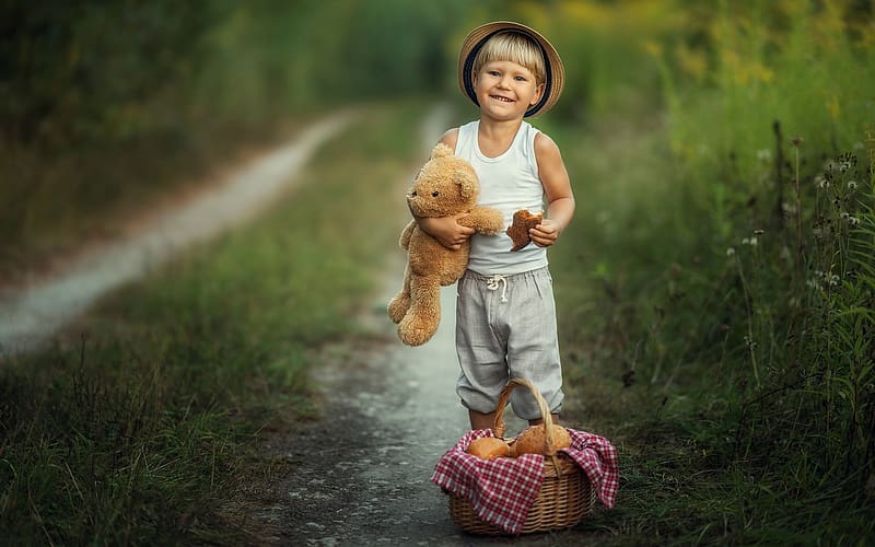 Ilya, path, basket, teddy bear, little boy, grass, bread, hat, HD wallpaper