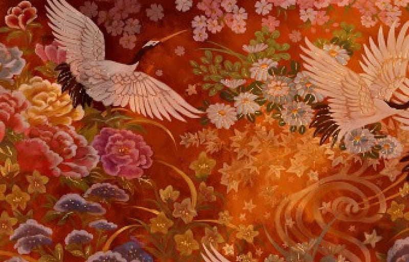Cranes and flowers, pattern, red, art, ocori, orange, crane, cocori, peony,  cranes, HD wallpaper | Peakpx