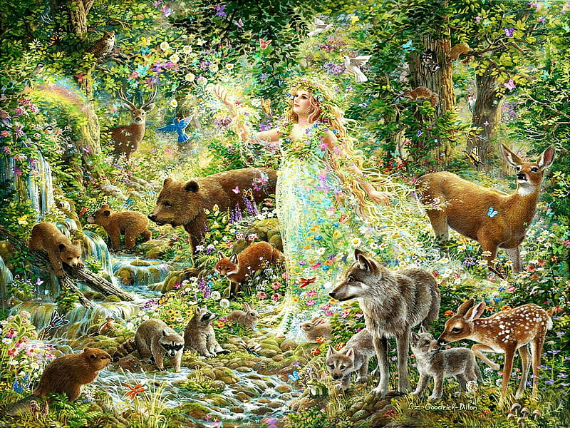 Mother Nature's Magic, painting, forest, girl, animals, HD wallpaper