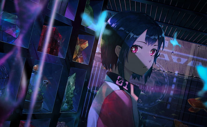 anime girl, short hair, room, interior design, profile view, pink eyes, Anime, HD wallpaper