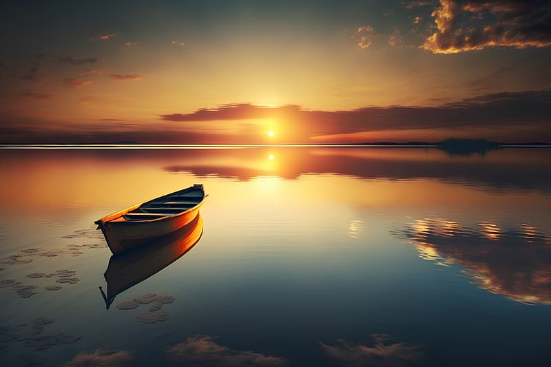 Sunrise on the lake, ater, boat, reflection, sunrise, HD wallpaper