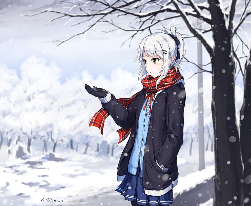 Anime girl, lantern, snow, white hair, winter, path, Anime, HD phone  wallpaper | Peakpx