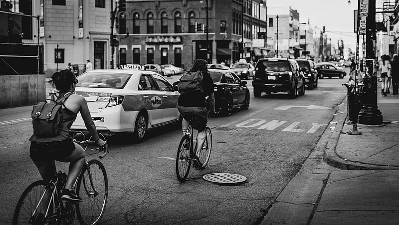 grayscale of two person riding bicycle on road, HD wallpaper