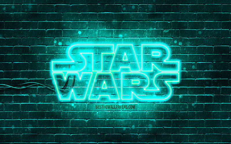 Star Wars turquoise logo turquoise brickwall, Star Wars logo, creative, Star Wars neon logo, Star Wars, HD wallpaper