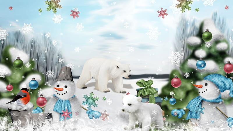 Christmas in the North, polar bears, firefox persona, xmas, decorated, snowmen, feliz navidad, christmas, sky, trees, snowman, baby, winter, bird, balls, snow, mama, cub, HD wallpaper