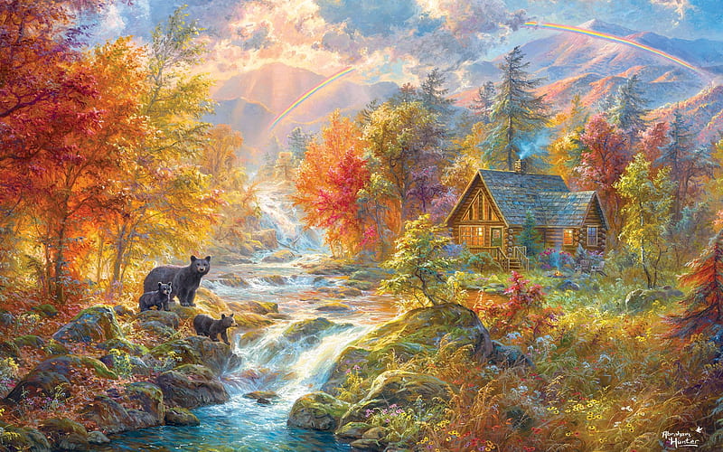 Autumn at Rainbow Falls, artwork, bears, river, painting, house, trees, autumn, mountains, HD wallpaper