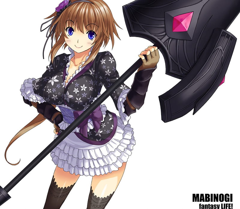 mabinogi, looking at viewer, cute girl, black thigh highs, bow, short hair, girl, belt, japanese clothes, anime, girls, weapon, blue eyes, HD wallpaper mabinogi, looking at viewer, cute girl, black thigh highs, bow, short hair, girl, belt, japanese clothes, anime, girls, weapon, blue eyes, HD wallpaper