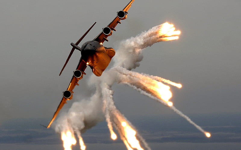 C-17 Flares, military, air force, aircraft, airplane, HD wallpaper
