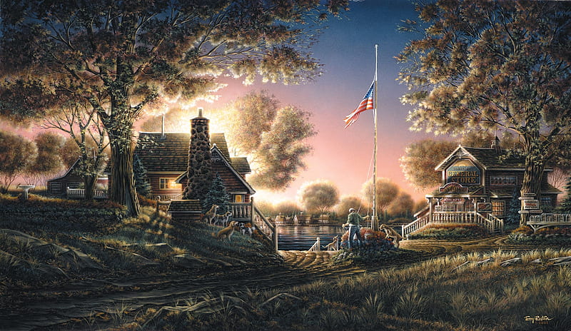 Buenas noches, America, bandera, gente, cabaña, pintura, Árboles, Obra de  arte, Fondo de pantalla HD | Peakpx
