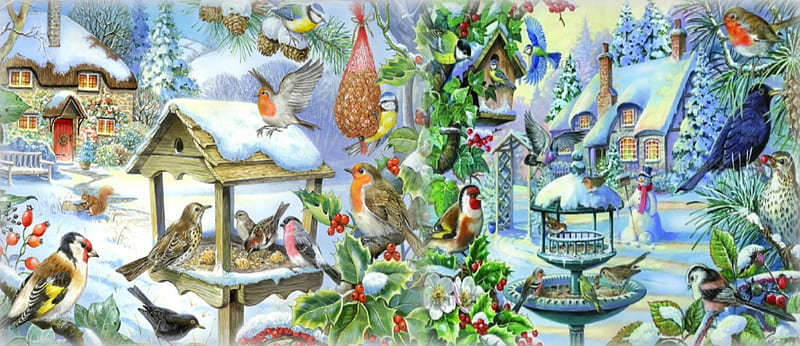 Feeding The Birds, nuts, berries, snow, cottage, birds, holly, winter, HD wallpaper