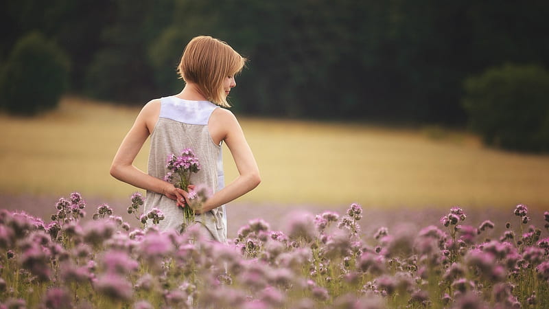 Girl With Flowers Standing In Field, girls, field, flowers, model, HD wallpaper