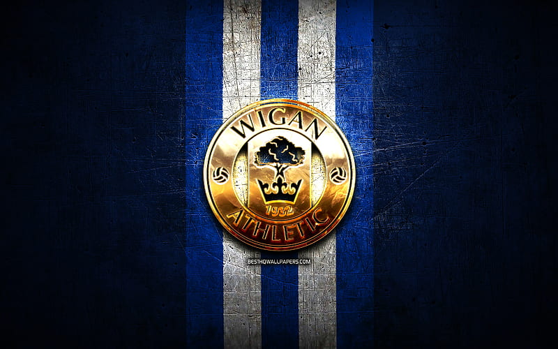 Wigan Athletic FC, golden logo, EFL Championship, blue metal background, football, Wigan Athletic, english football club, Wigan Athletic logo, soccer, England, HD wallpaper