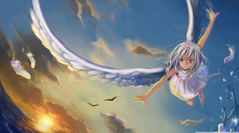 Anime Girl Flying Angel Wings Sky Scenery 4K Wallpaper iPhone HD Phone #810i