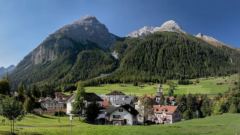 Bergun, Albula Alps, Switzerland, landscape, village, houses, rocks, trees, HD wallpaper