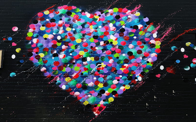abstract heart, black brickwall, creative, street art, love concepts, corazones, HD wallpaper