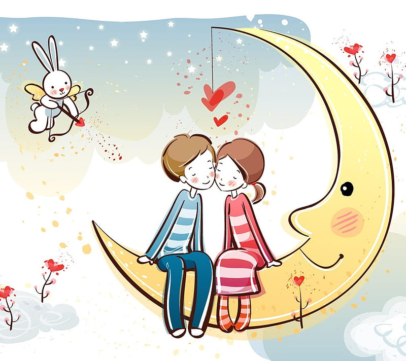 love on the moon, couple, cupid, cute, love, moon, nice, young, HD wallpaper