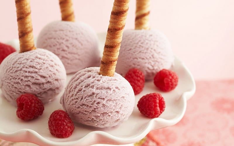 Ice cream and raspberries, red, ice cream, food, sweet, dessert, fruit, summer, raspberry, white, pink, HD wallpaper