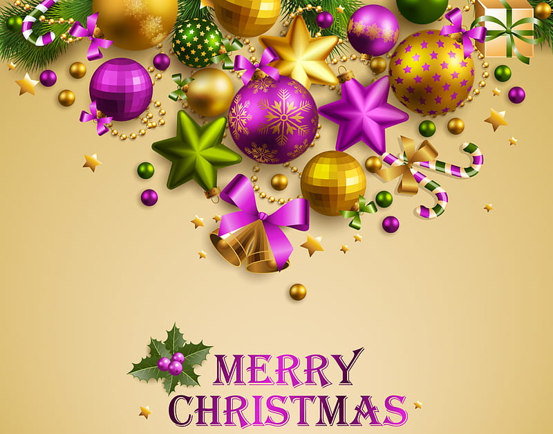 Merry Christmas!!!, pretty, colorful, christmas balls, box, bonito, ball, nice, gold, green, beauty, star, stars, lovely, holiday, christmas, ribbon, golden, colors, gift, cool, purple, merry christmas, balls, bells, HD wallpaper