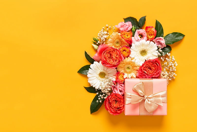 gift, orange, yellow, flower, box, card, HD wallpaper