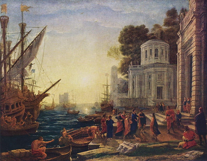 Cleopatra disembarking at Tarsus, claude lorrain, art, port, seaport, ship, painting, cleopatra, pictura, harbor, HD wallpaper