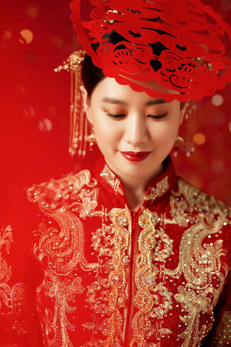 graphy, Asian, portrait, red, brides, wedding dress, Chinese clothing, HD phone wallpaper