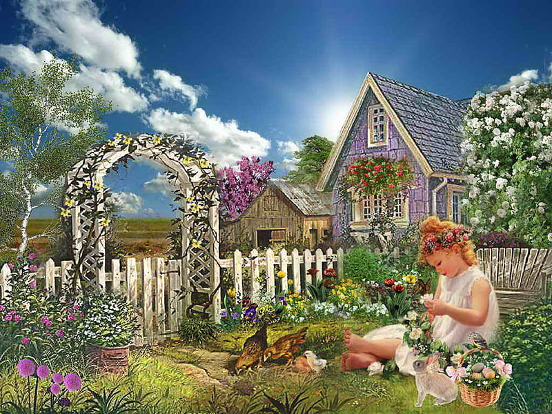Easter morning in countryside, fence, house, easter, bonito, countryside, painting, flowers, morning, holiday, spring, yard, girl, basket, eggs, peaceful, garden, bunnies, HD wallpaper