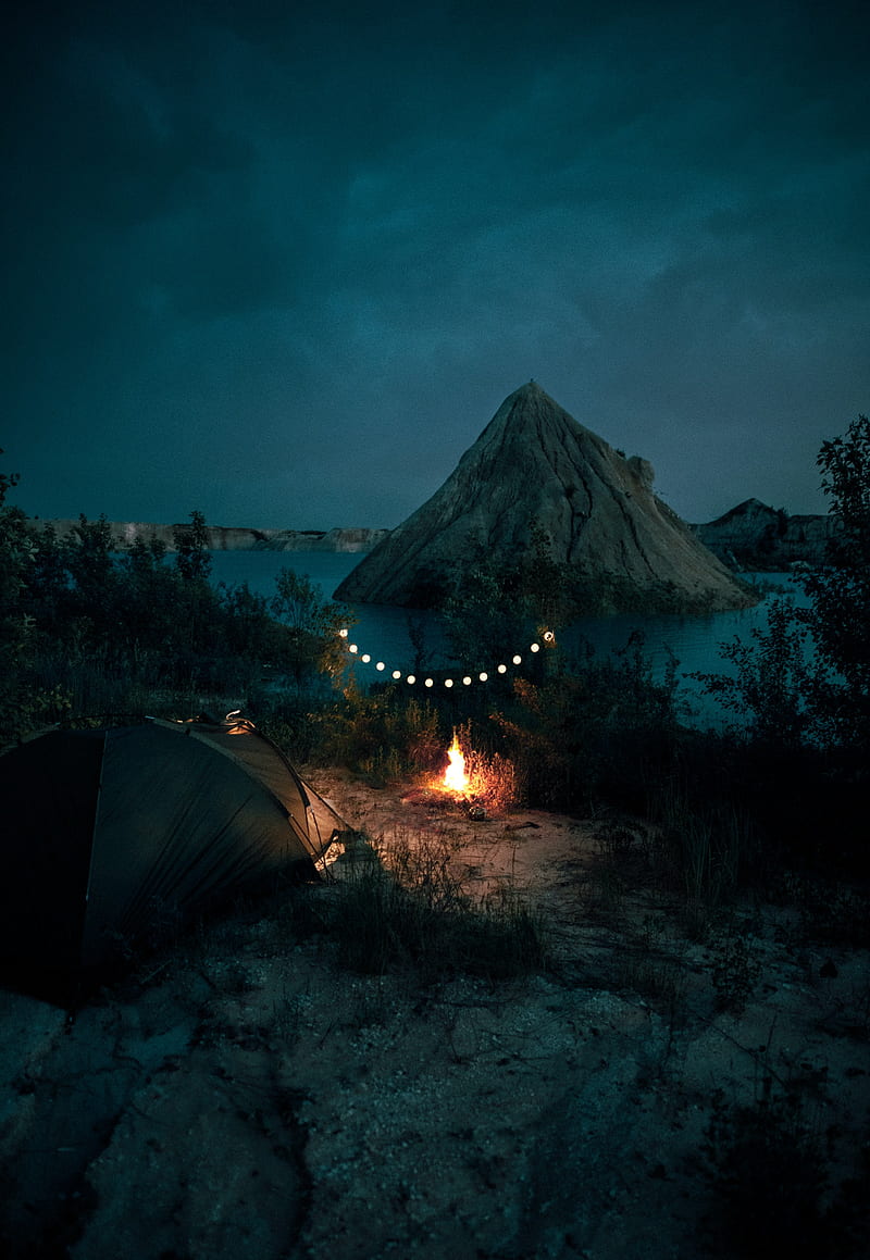 tent, camping, campfire, garland, rocks, HD phone wallpaper