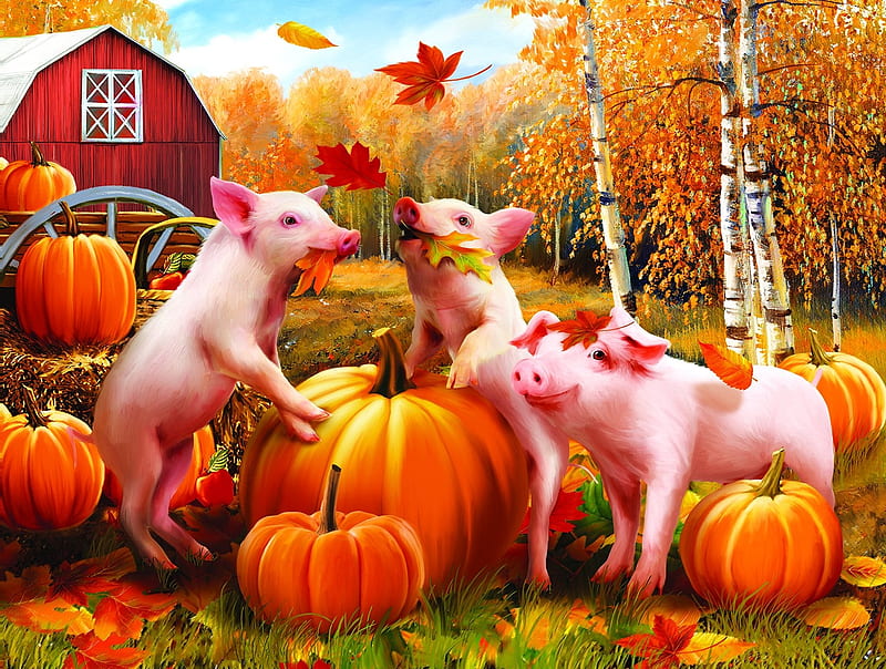 Autumn, piglet, pictura, pink, art, fall, pig, orange, halloween, toamna, leaf, pumpkin, painting, HD wallpaper