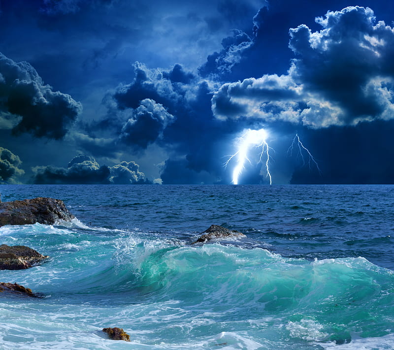 Stormy Sea, lightning, nature, storm, water, waves, HD wallpaper