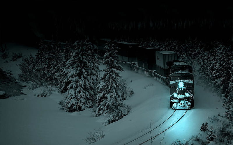 cold winter night, tree, freight, train, snow, HD wallpaper