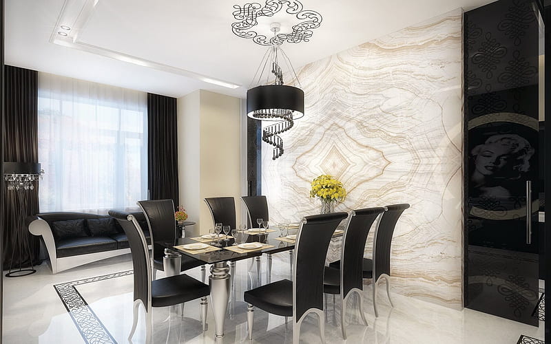 Modern design, living room, white and black furniture, modern interior, HD wallpaper