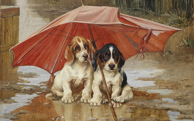 :-), art, red, painting, umbrella, pictura, william henry hamilton work, dog, couple, rain, HD wallpaper